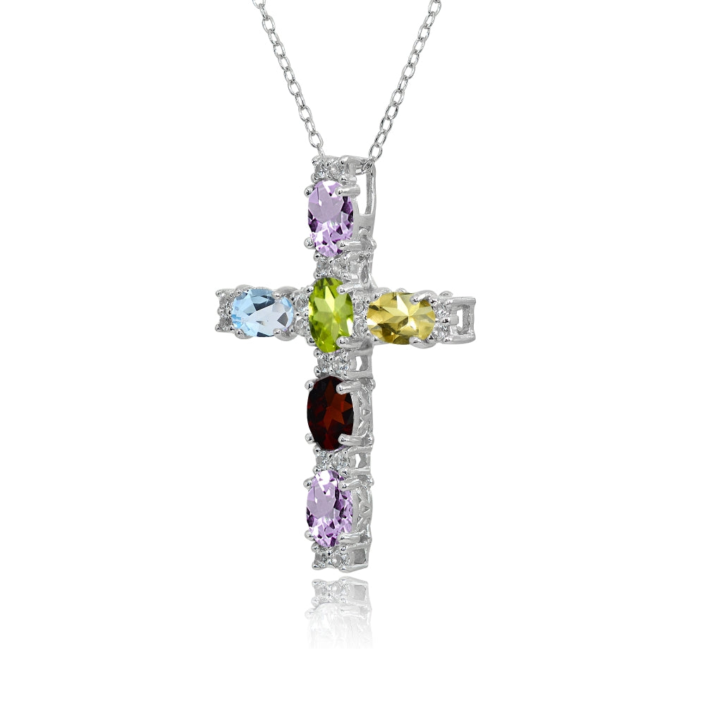 Sterling Silver Multi Color Gemstone Oval-Cut Cross Pendant Necklace with White Topaz Accents-6