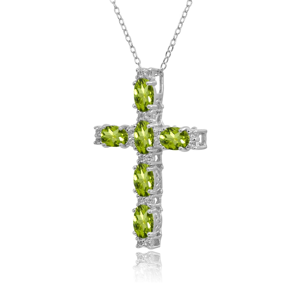 Sterling Silver Peridot Oval-Cut Cross Pendant Necklace with White Topaz Accents-2