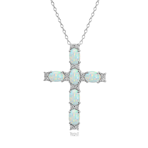 Sterling Silver Created White Opal Oval-Cut Cross Pendant Necklace with White Topaz Accents