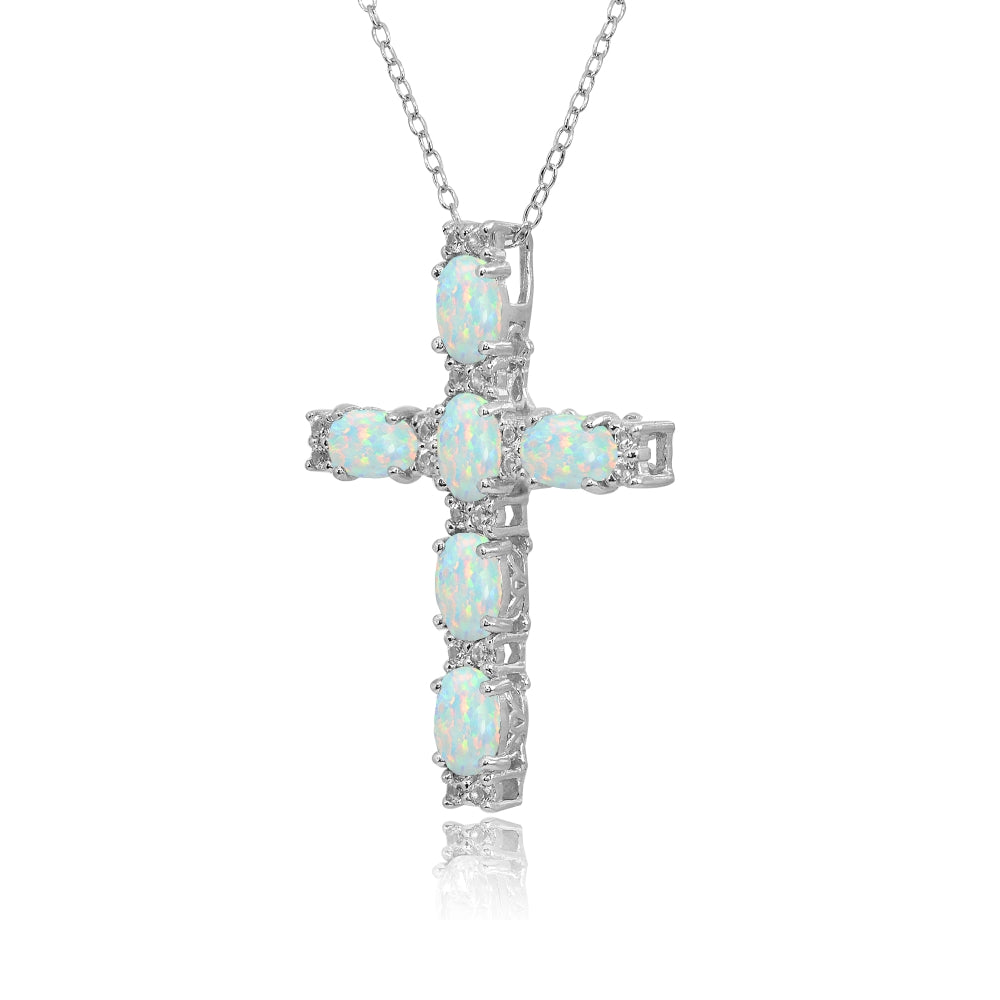 Sterling Silver Created White Opal Oval-Cut Cross Pendant Necklace with White Topaz Accents-2