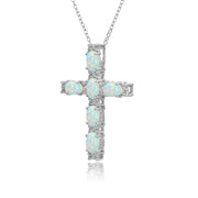 Sterling Silver Created White Opal Oval-Cut Cross Pendant Necklace with White Topaz Accents