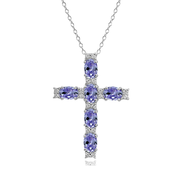 Sterling Silver Tanzanite Oval-Cut Cross Pendant Necklace with White Topaz Accents