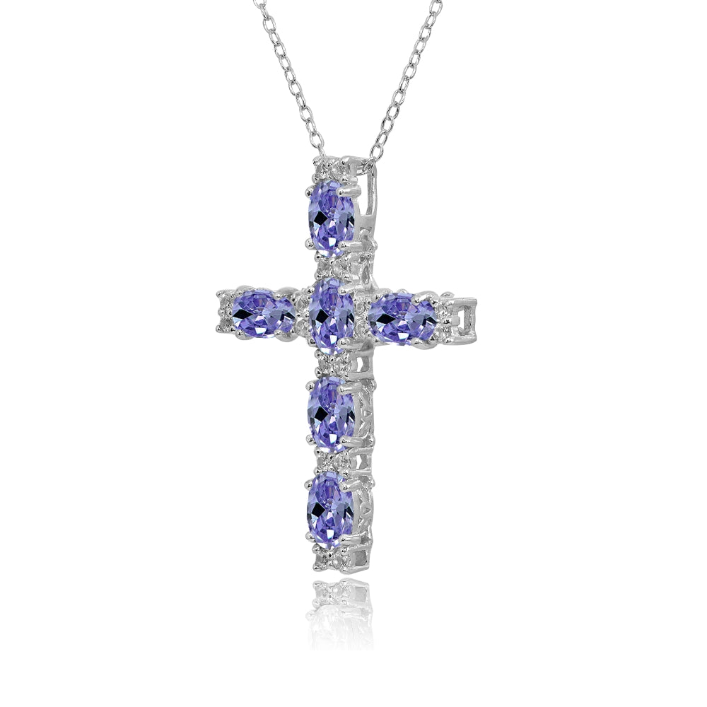Sterling Silver Tanzanite Oval-Cut Cross Pendant Necklace with White Topaz Accents-2