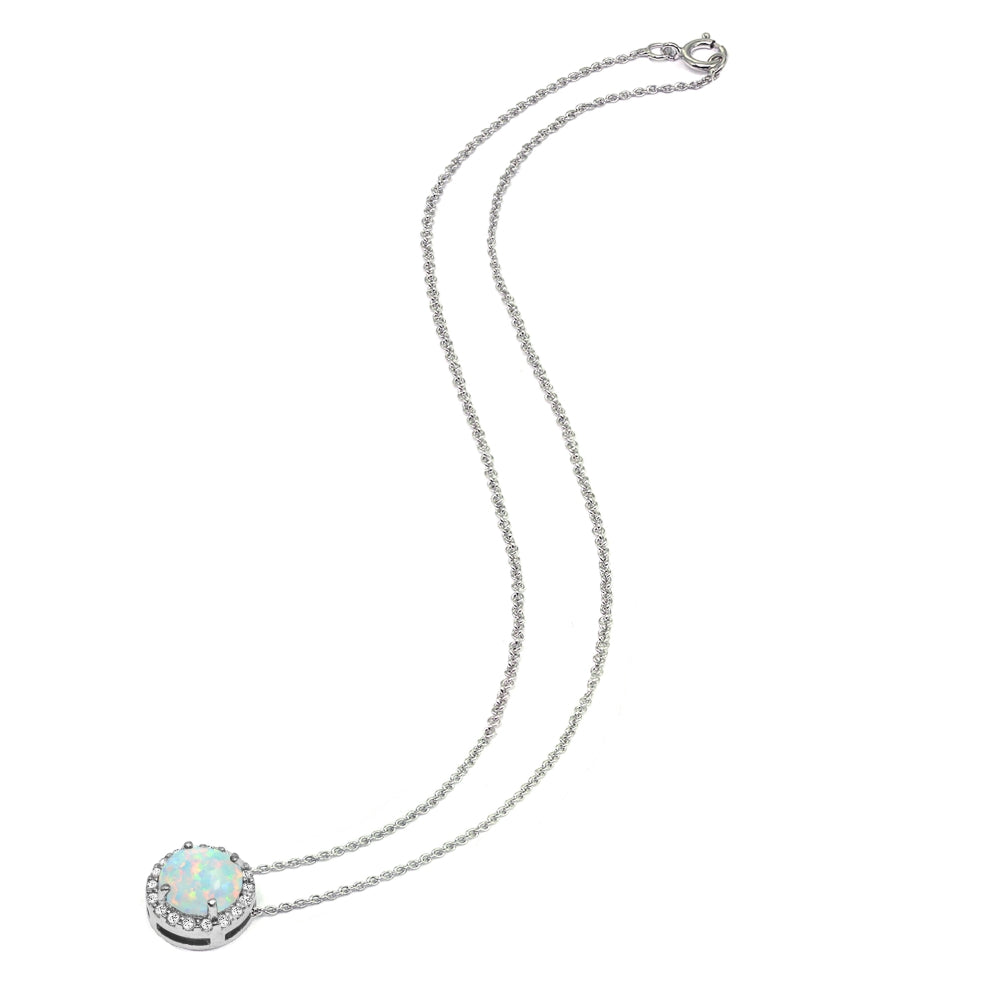 Sterling Silver Created White Opal and White Topaz Halo Slide Pendant Necklace-2