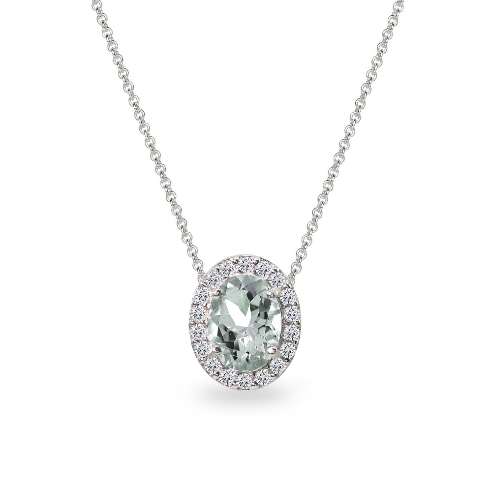 Sterling Silver Light Aquamarine Oval Halo Slide Pendant Necklace with CZ Accents