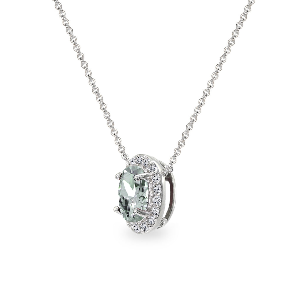Sterling Silver Light Aquamarine Oval Halo Slide Pendant Necklace with CZ Accents-2