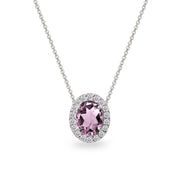 Sterling Silver Created Alexandrite Oval Halo Slide Pendant Necklace with CZ Accents