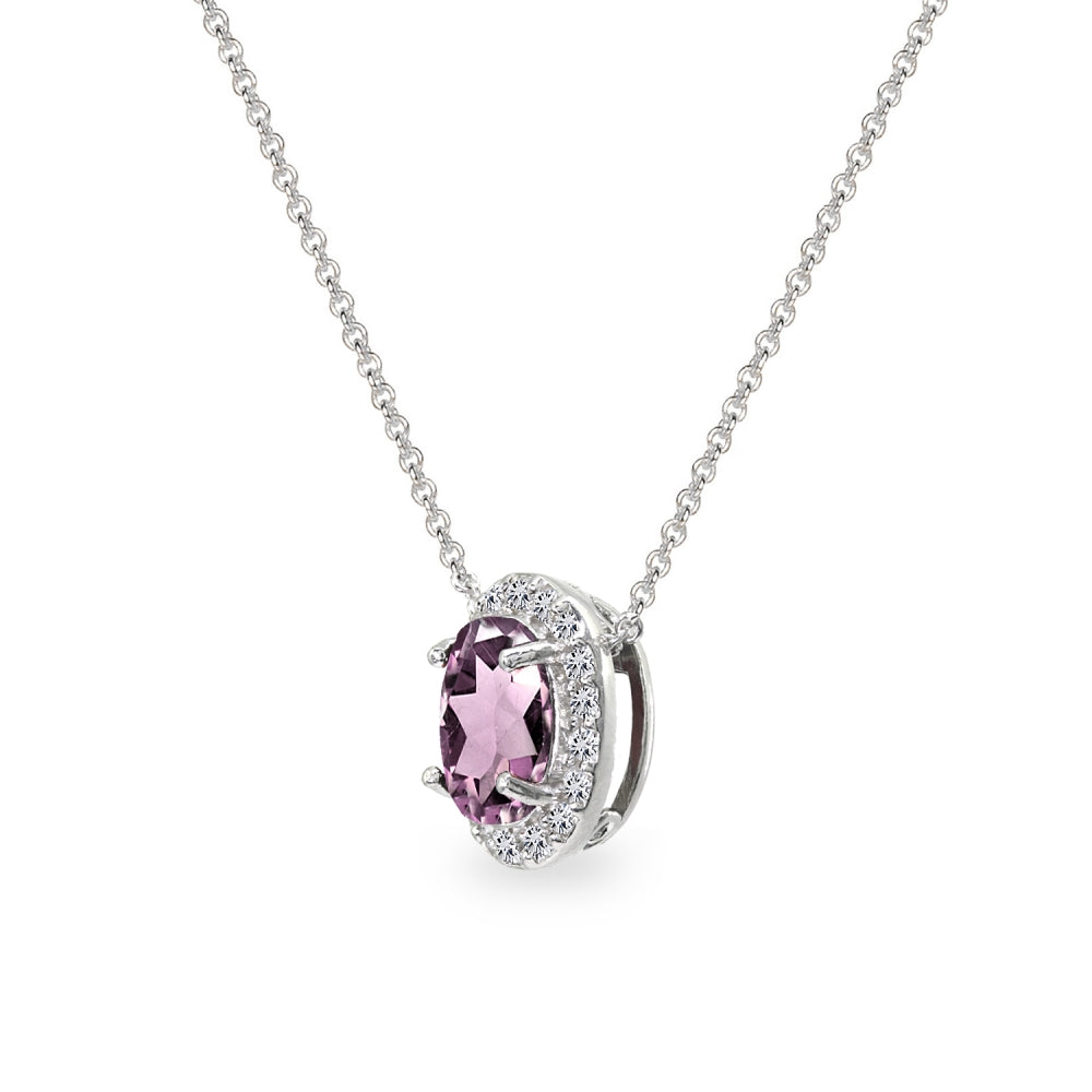 Sterling Silver Created Alexandrite Oval Halo Slide Pendant Necklace with CZ Accents-2