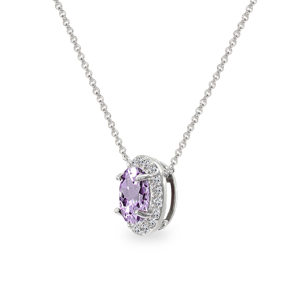 Sterling Silver Amethyst Oval Halo Slide Pendant Necklace with CZ Accents-2