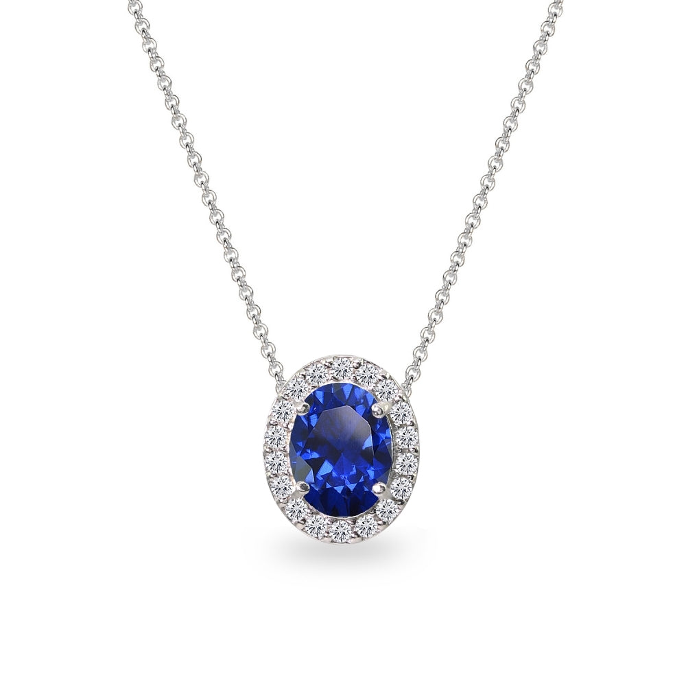 Sterling Silver Created Blue Sapphire Oval Halo Slide Pendant Necklace with CZ Accents