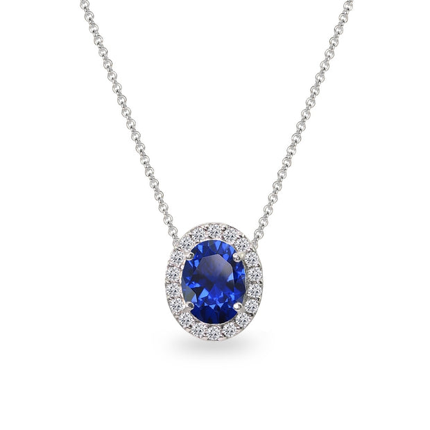 Sterling Silver Created Blue Sapphire Oval Halo Slide Pendant Necklace with CZ Accents