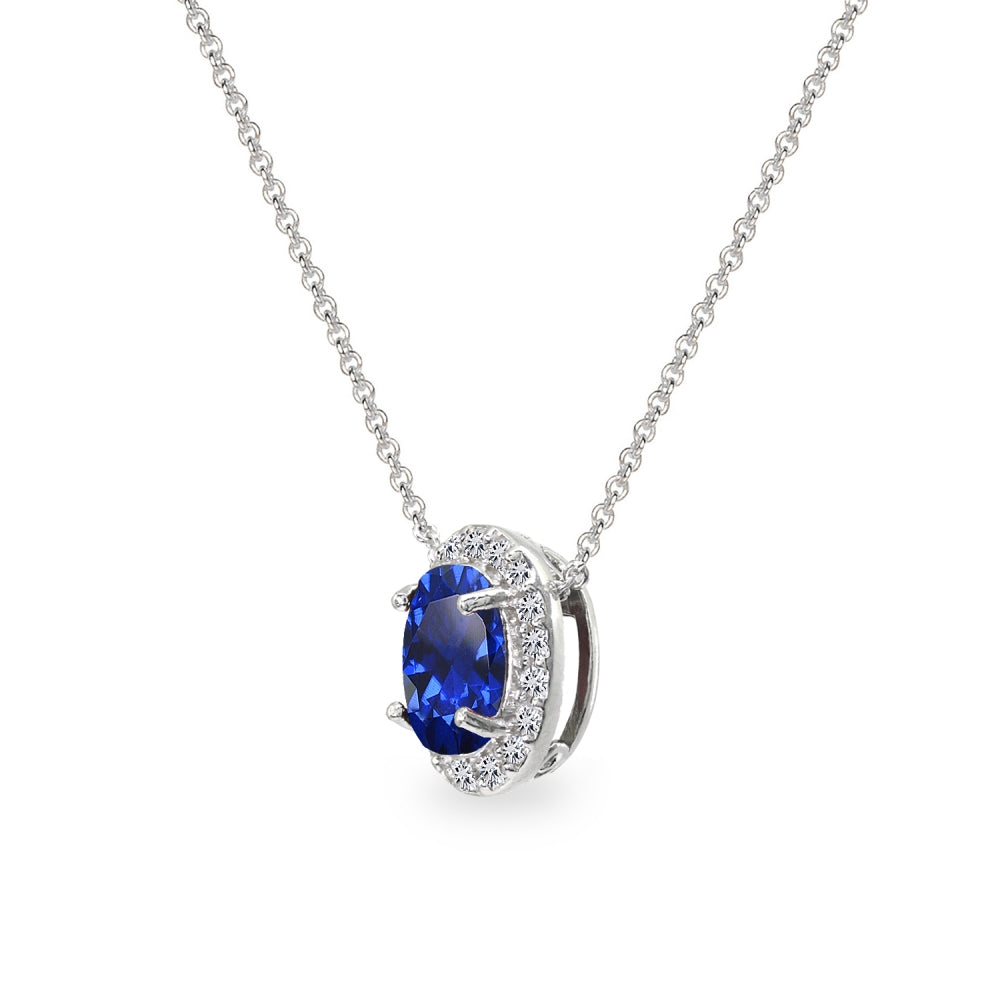 Sterling Silver Created Blue Sapphire Oval Halo Slide Pendant Necklace with CZ Accents-2