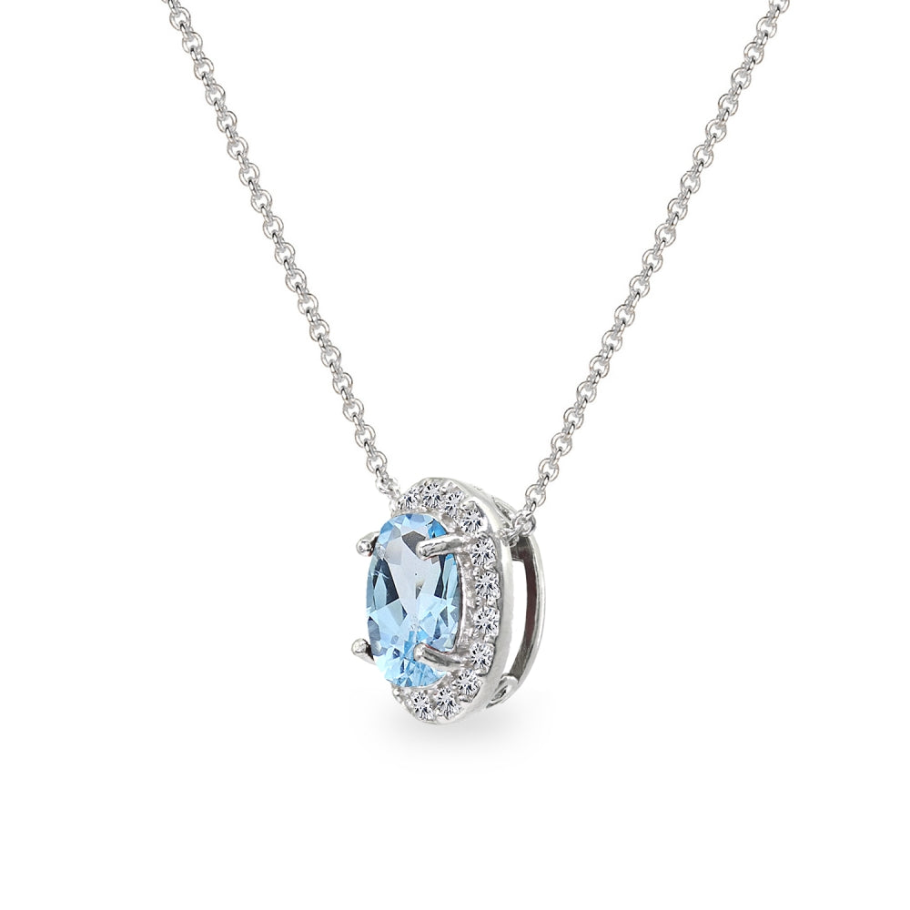 Sterling Silver Blue Topaz Oval Halo Slide Pendant Necklace with CZ Accents-2