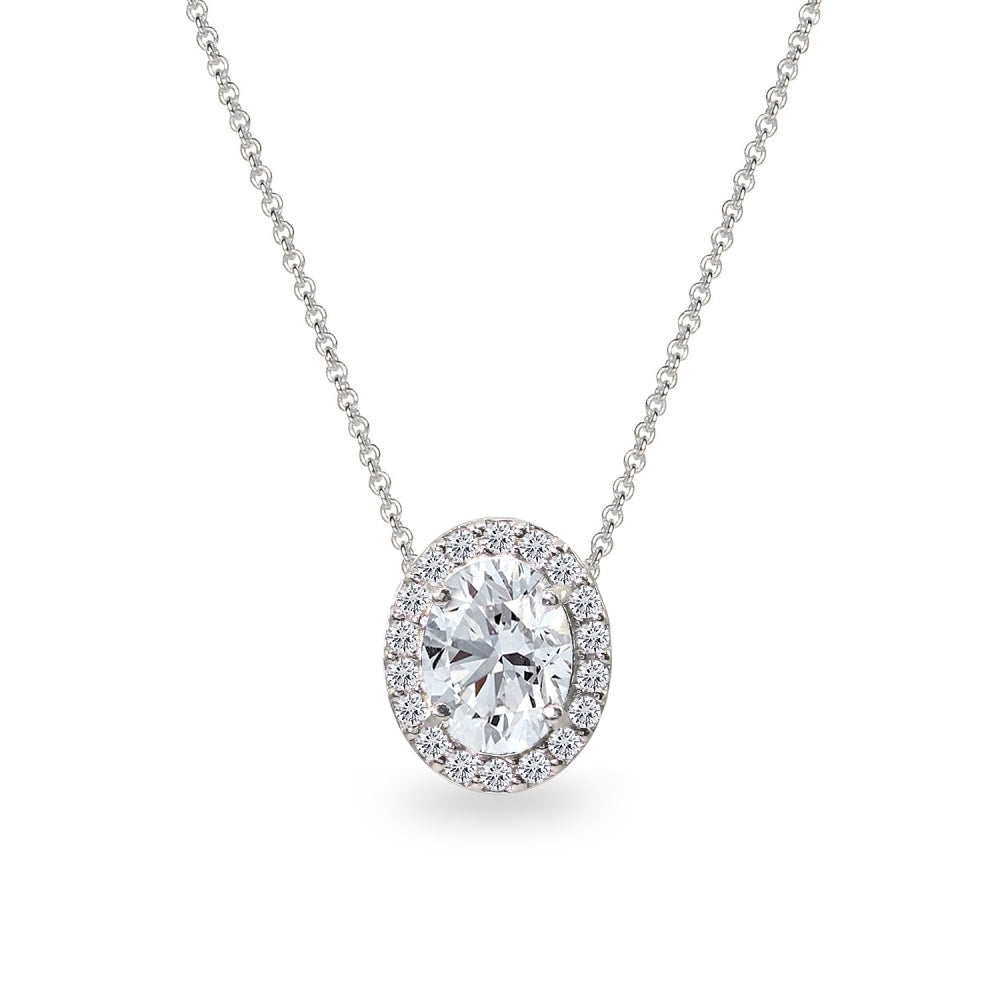Sterling Silver Created White Sapphire Oval Halo Slide Pendant Necklace with CZ Accents