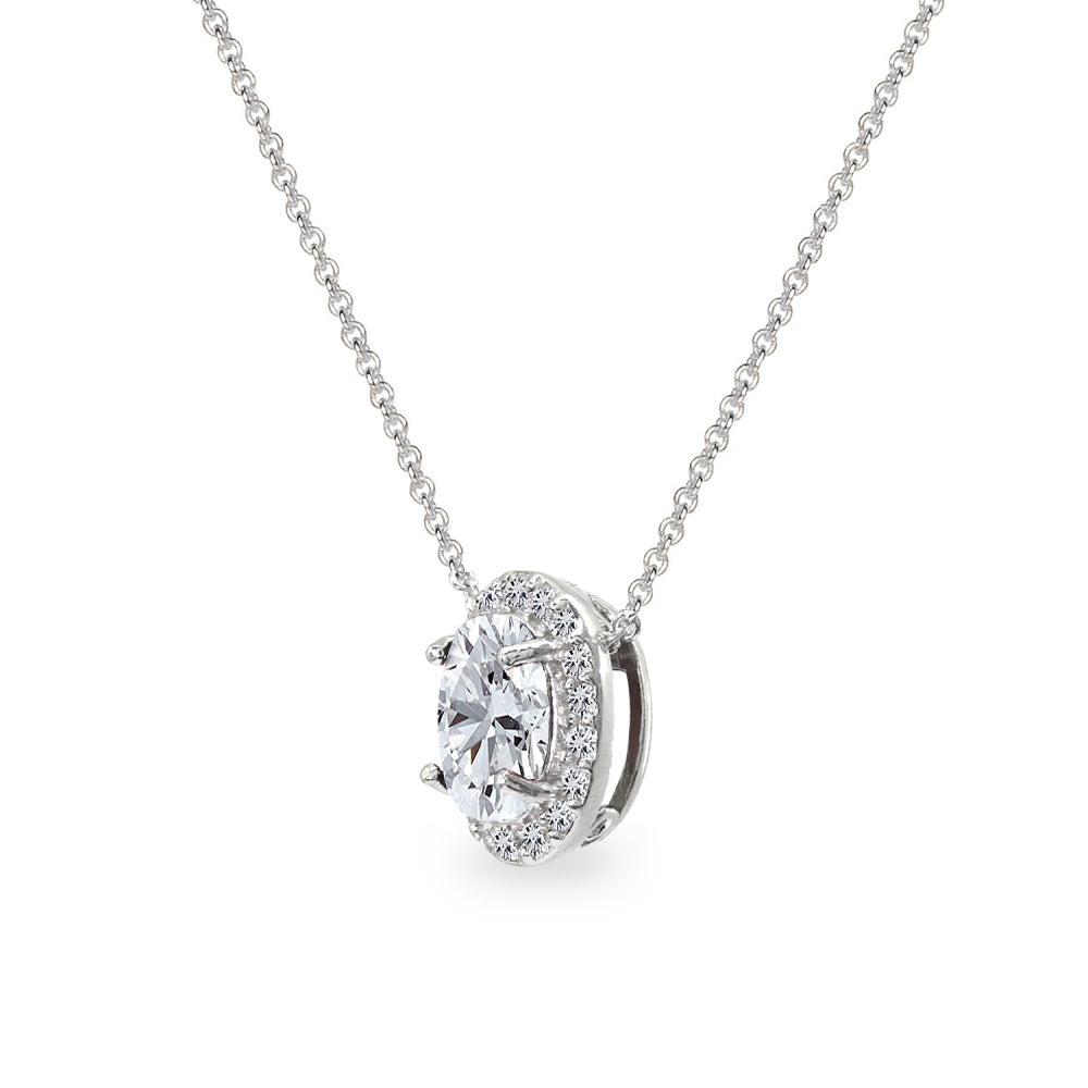 Sterling Silver Created White Sapphire Oval Halo Slide Pendant Necklace with CZ Accents-2
