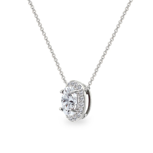Sterling Silver Created White Sapphire Oval Halo Slide Pendant Necklace with CZ Accents