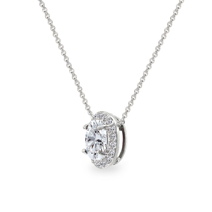 Sterling Silver Created White Sapphire Oval Halo Slide Pendant Necklace with CZ Accents