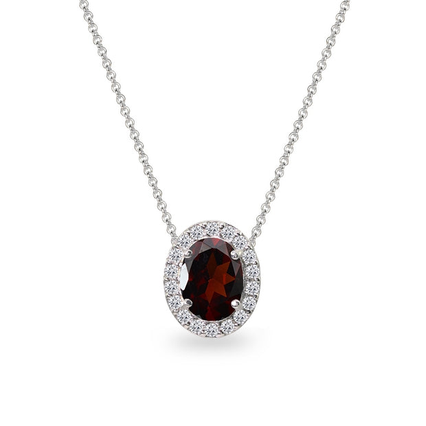 Sterling Silver Garnet Oval Halo Slide Pendant Necklace with CZ Accents