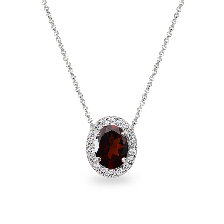 Sterling Silver Garnet Oval Halo Slide Pendant Necklace with CZ Accents