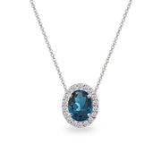 Sterling Silver London Blue Topaz Oval Halo Slide Pendant Necklace with CZ Accents