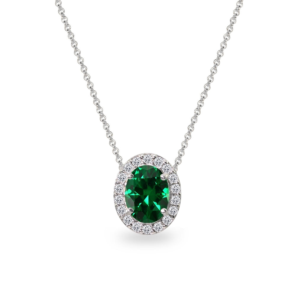 Sterling Silver Simulated Emerald Oval Halo Slide Pendant Necklace with CZ Accents