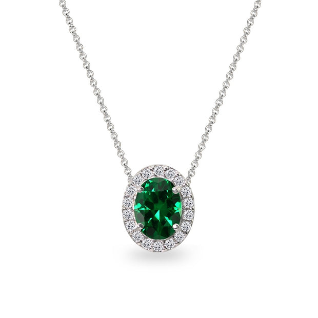 Sterling Silver Simulated Emerald Oval Halo Slide Pendant Necklace with CZ Accents
