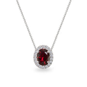 Sterling Silver Created Ruby Oval Halo Slide Pendant Necklace with CZ Accents