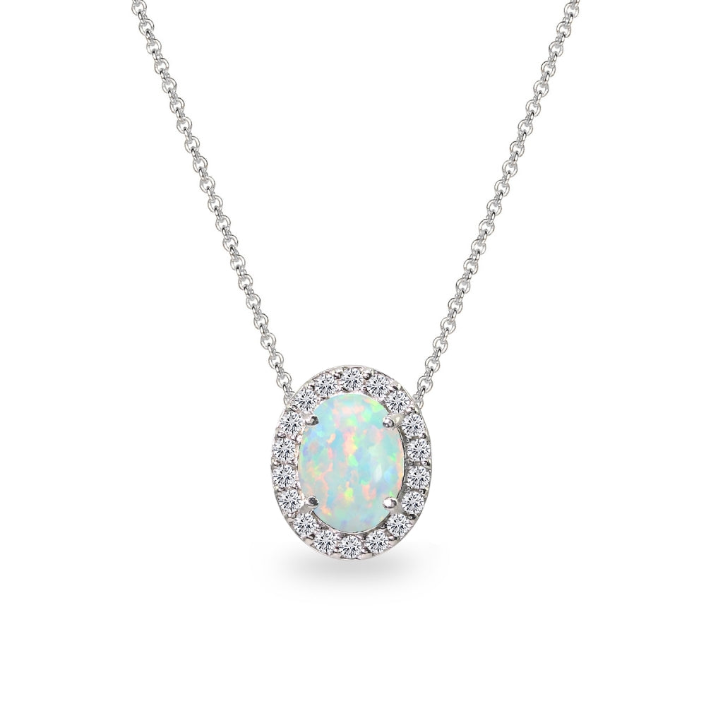 Sterling Silver Created White Opal Oval Halo Slide Pendant Necklace with CZ Accents