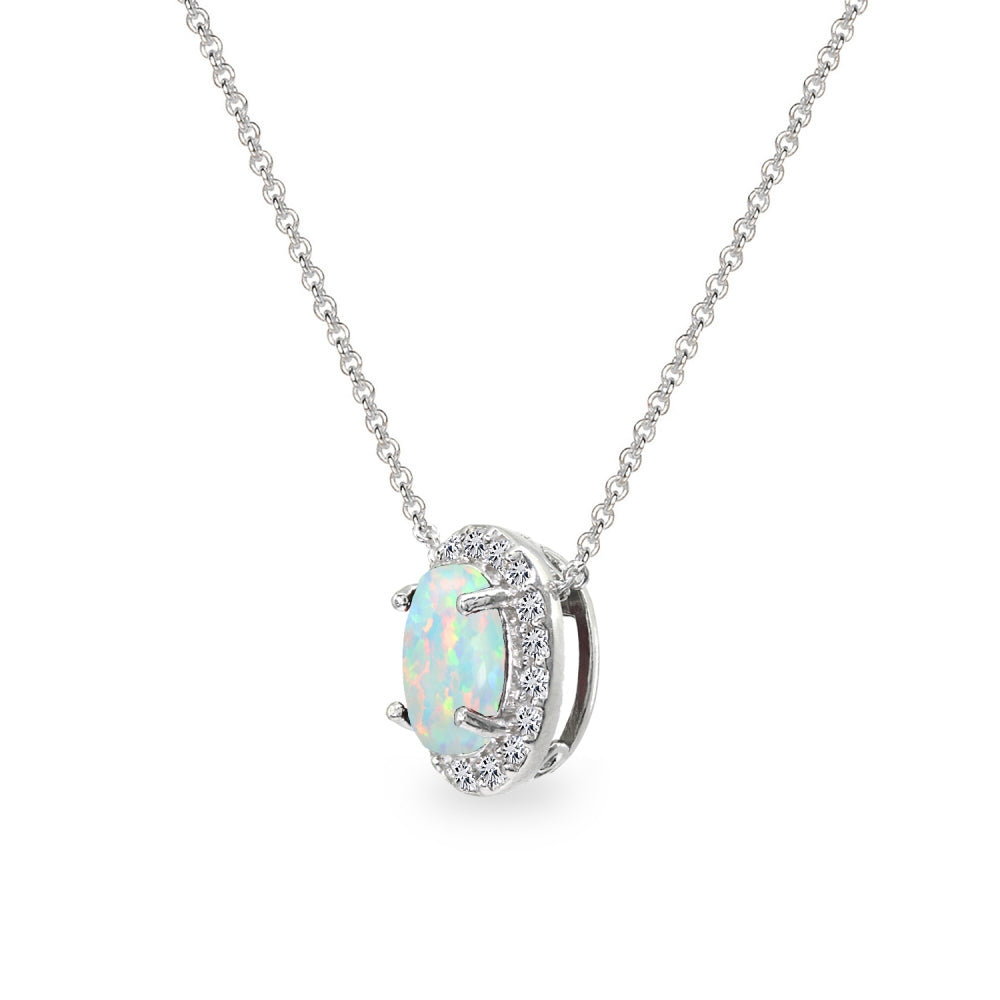 Sterling Silver Created White Opal Oval Halo Slide Pendant Necklace with CZ Accents-2