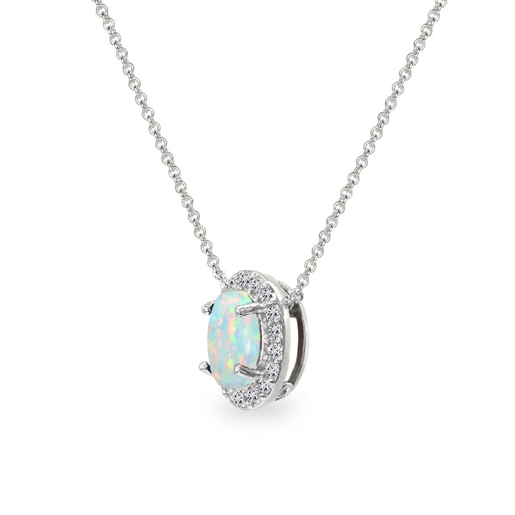 Sterling Silver Created White Opal Oval Halo Slide Pendant Necklace with CZ Accents