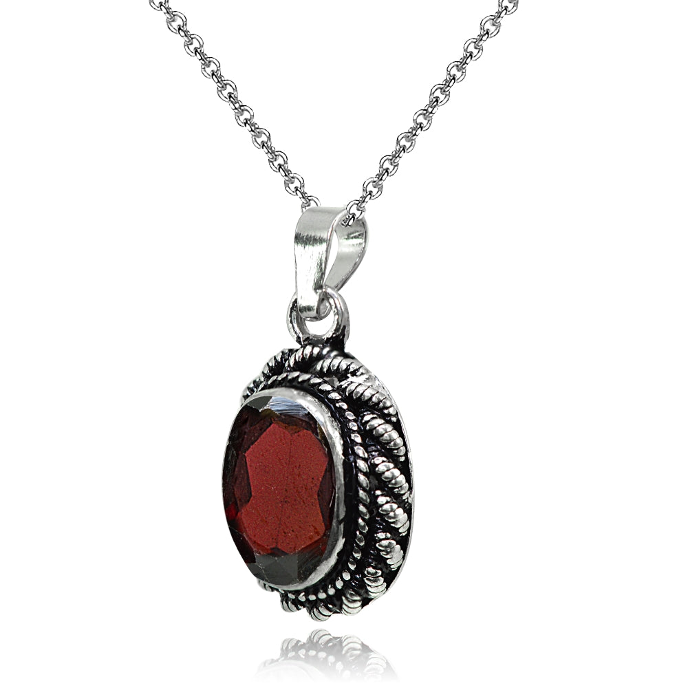 Sterling Silver Created Garnet Oval Bali Inspired Twist Rope Pendant Necklace-2