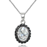 Sterling Silver Cubic Zirconia Oval Bali Inspired Twist Rope Pendant Necklace
