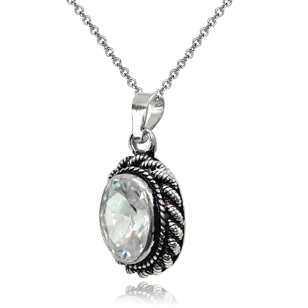 Sterling Silver Cubic Zirconia Oval Bali Inspired Twist Rope Pendant Necklace-2