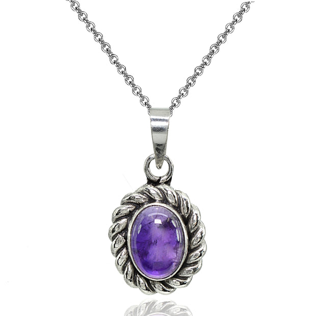 Sterling Silver Created Cabochon Amethyst Oval Oxidized Bali Twist Pendant Necklace