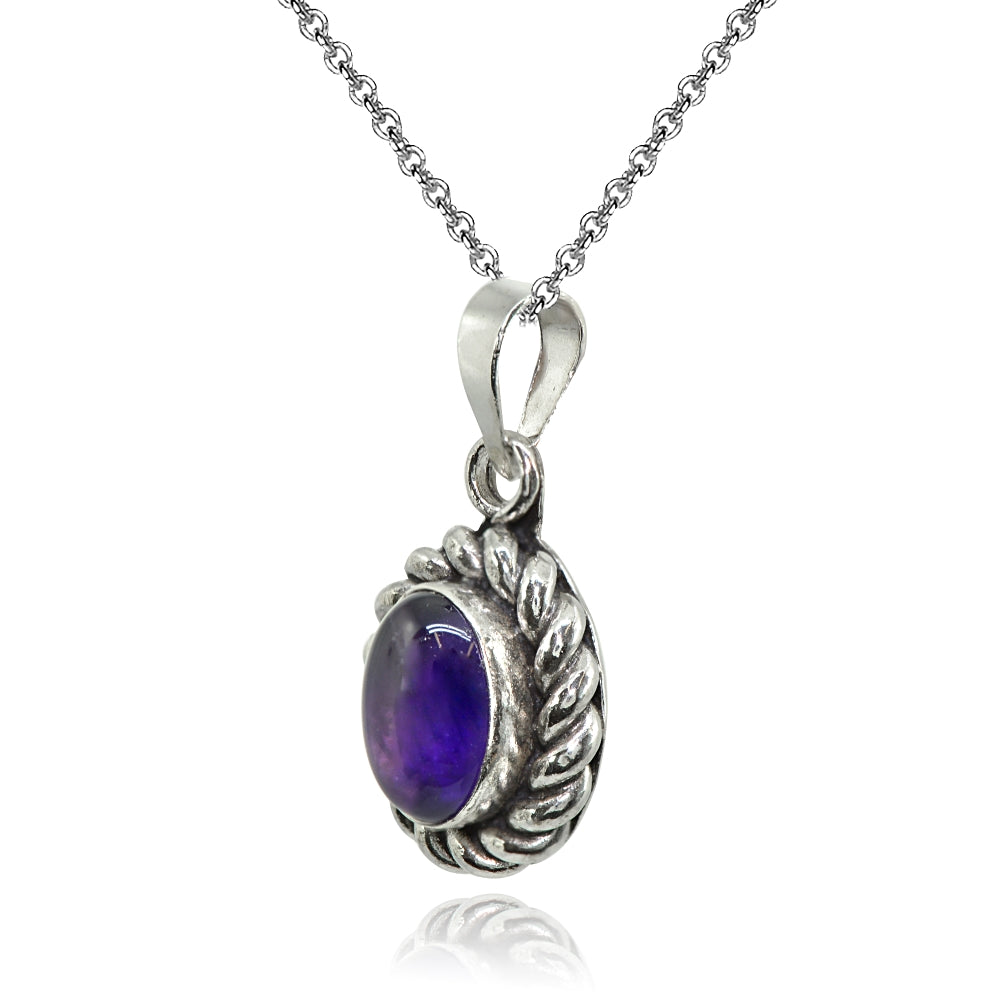 Sterling Silver Created Cabochon Amethyst Oval Oxidized Bali Twist Pendant Necklace-2