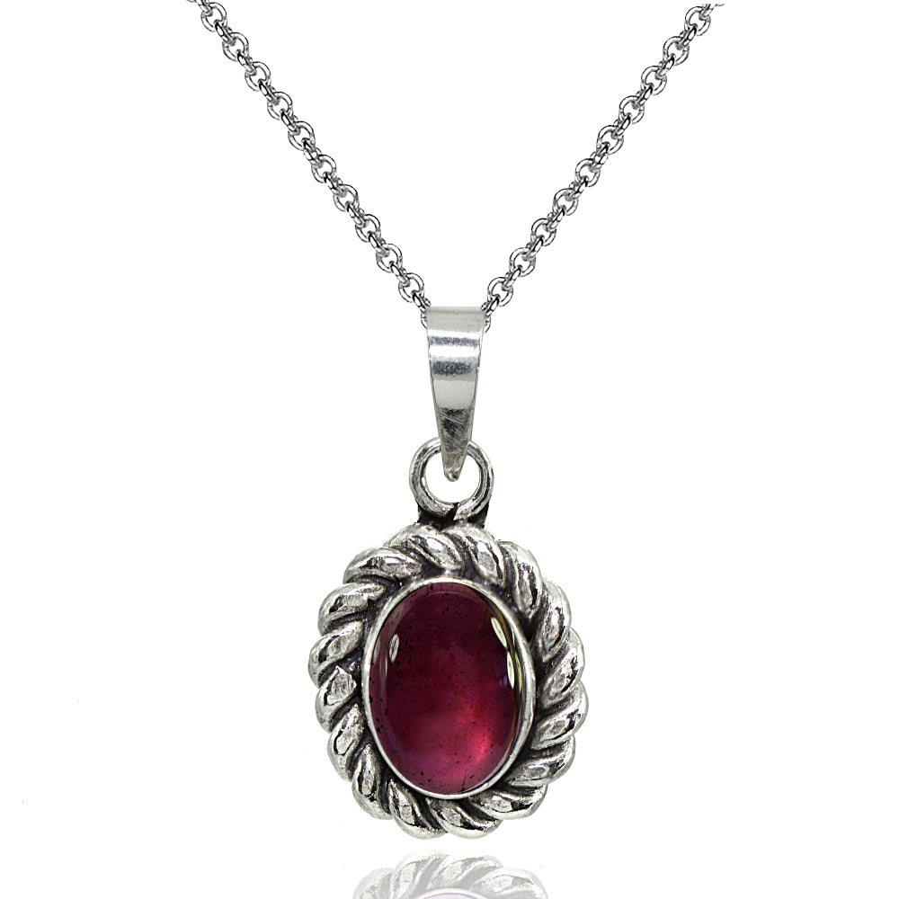 Sterling Silver Created Cabochon Garnet Oval Oxidized Bali Twist Pendant Necklace