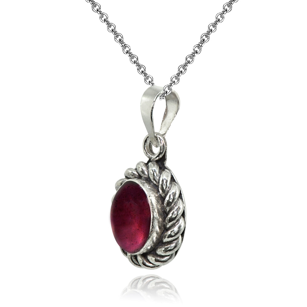 Sterling Silver Created Cabochon Garnet Oval Oxidized Bali Twist Pendant Necklace-2