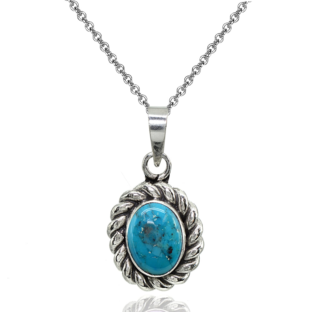 Sterling Silver Created Turquoise Oval Oxidized Bali Twist Pendant Necklace