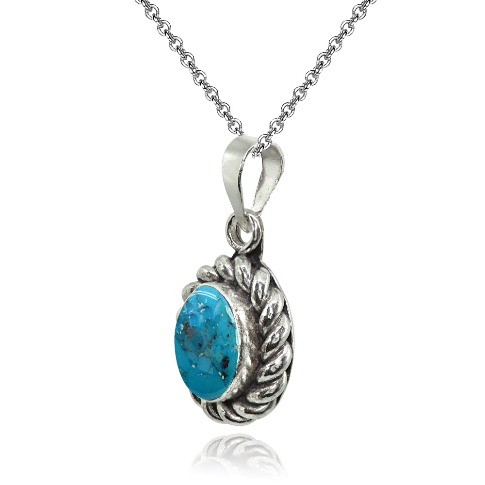 Sterling Silver Created Turquoise Oval Oxidized Bali Twist Pendant Necklace-2