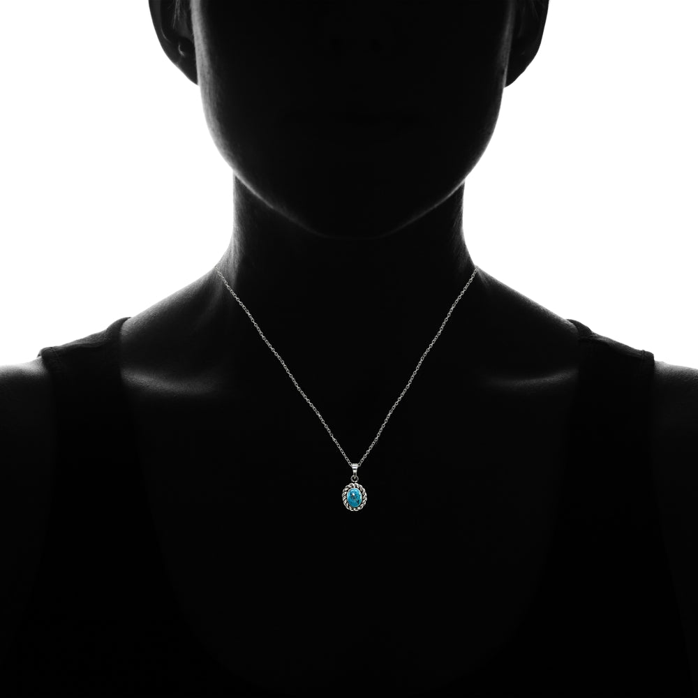 Sterling Silver Created Turquoise Oval Oxidized Bali Twist Pendant Necklace-3