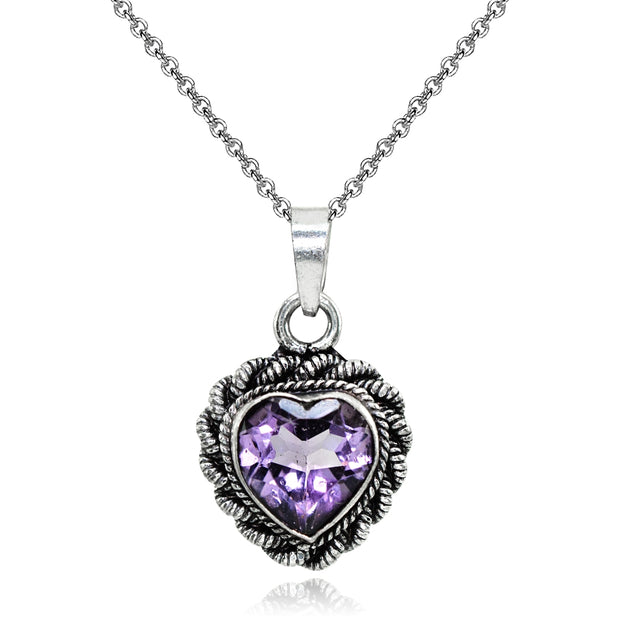 Sterling Silver Created Amethyst Oxidized Bali Twist Rope Heart Pendant Necklace
