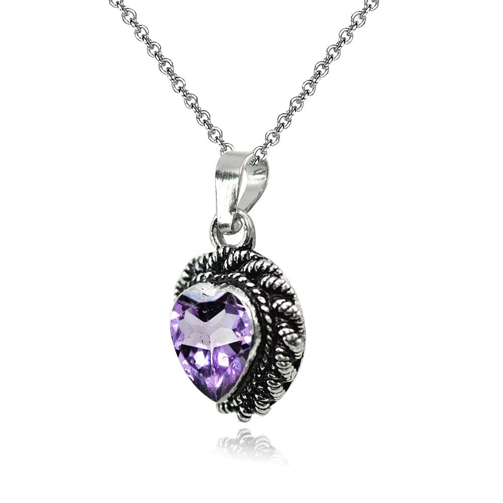 Sterling Silver Created Amethyst Oxidized Bali Twist Rope Heart Pendant Necklace-2