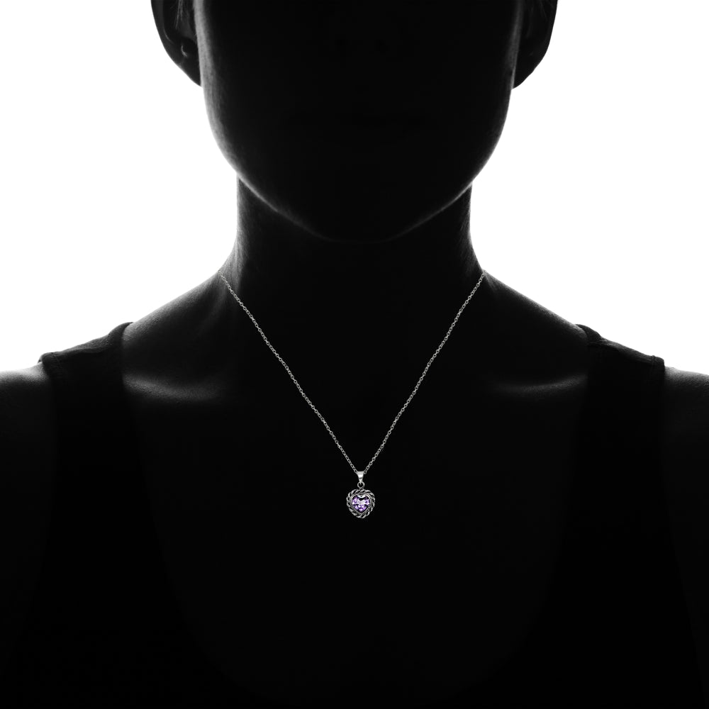 Sterling Silver Created Amethyst Oxidized Bali Twist Rope Heart Pendant Necklace-3
