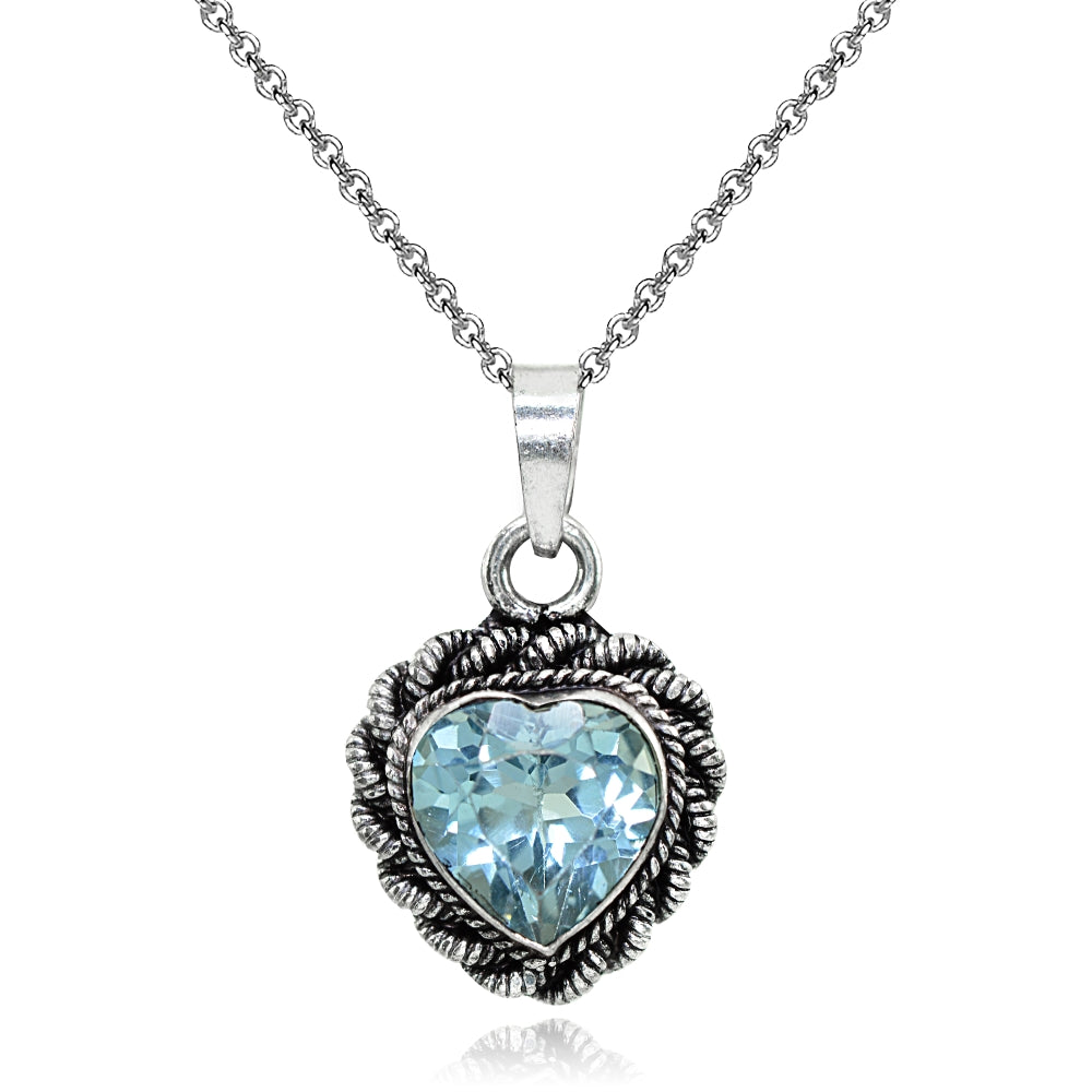 Sterling Silver Created Blue Topaz Oxidized Bali Twist Rope Heart Pendant Necklace