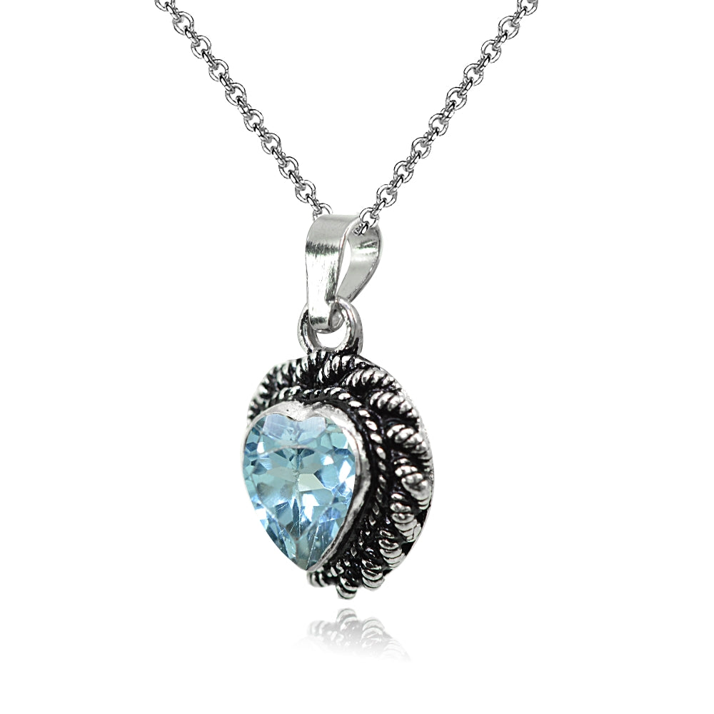 Sterling Silver Created Blue Topaz Oxidized Bali Twist Rope Heart Pendant Necklace-2