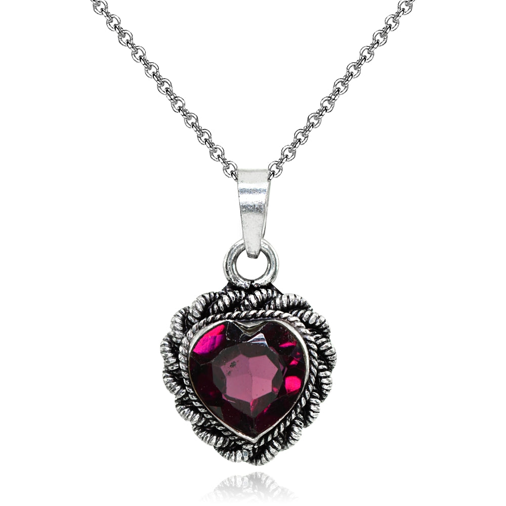 Sterling Silver Created Garnet Oxidized Bali Twist Rope Heart Pendant Necklace