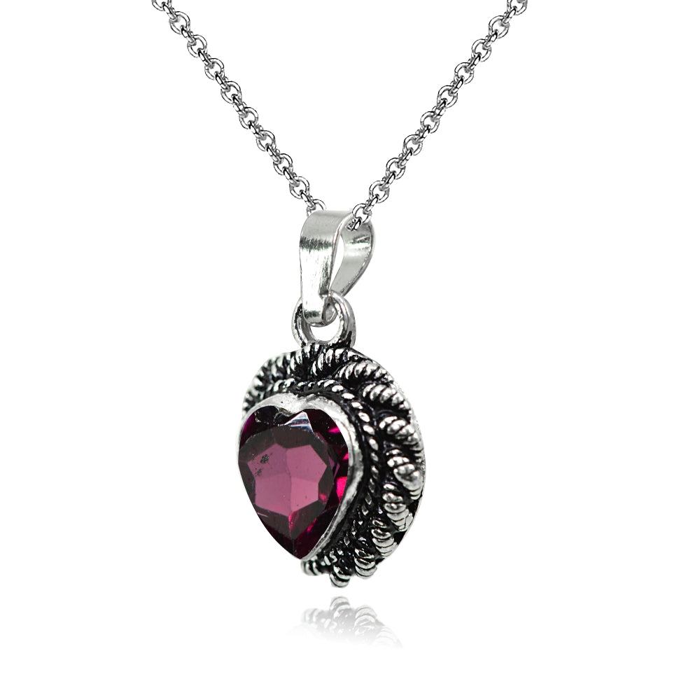Sterling Silver Created Garnet Oxidized Bali Twist Rope Heart Pendant Necklace-2