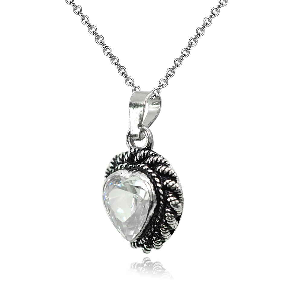 Sterling Silver Cubic Zirconia Oxidized Bali Twist Rope Heart Pendant Necklace-2