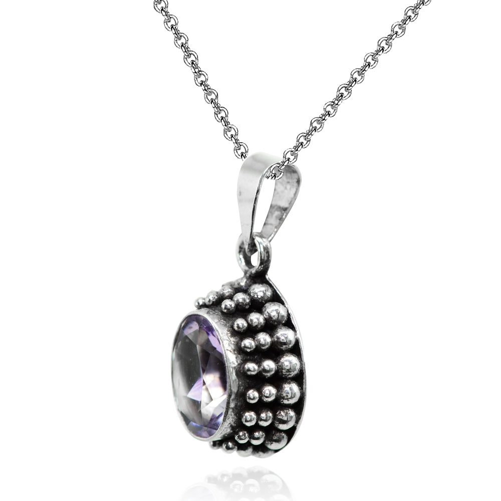 Sterling Silver Created Amethyst Oval Oxidized Thick Bali Bead Pendant Necklace-2