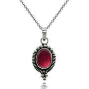 Sterling Silver Created Cabochon Garnet Oval Oxidized Dainty Bali Bead Pendant Necklace